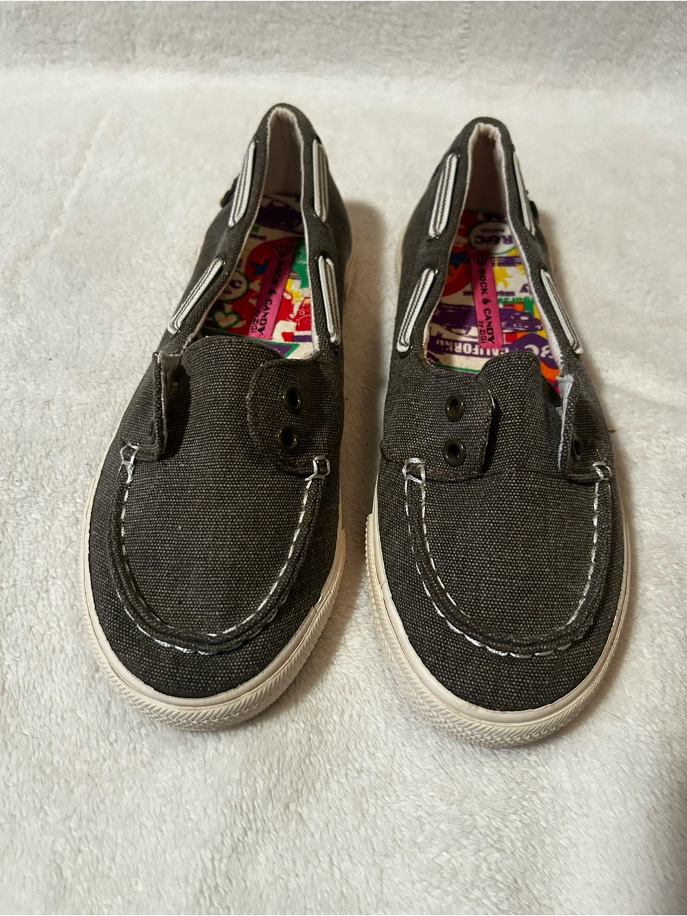 Women’s slip on shoes 7.5 rock & candy boat slides gray casual vacation fabric
